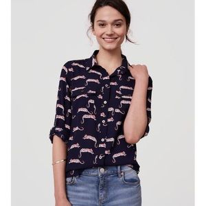 Ann Taylor LOFT Cheetah Utility Blouse Navy Red